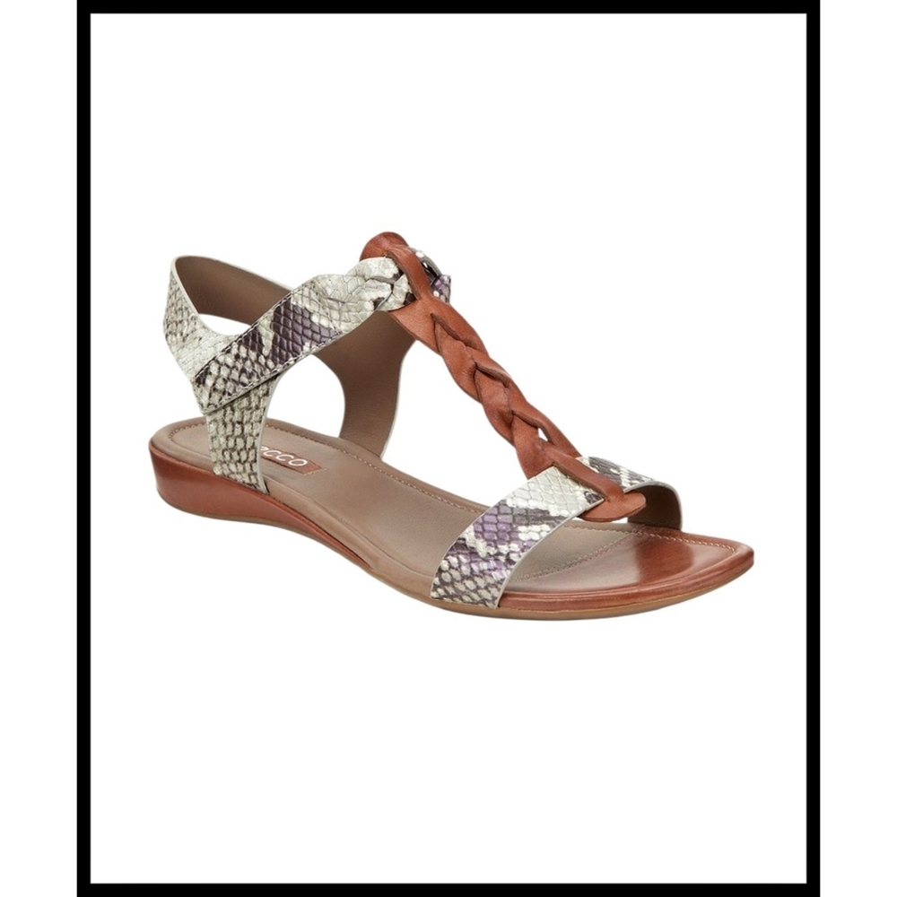 ECCO Bouillon Brown Leather Sandals Twist Braid Snakeskin Print Size 39 8 8.5